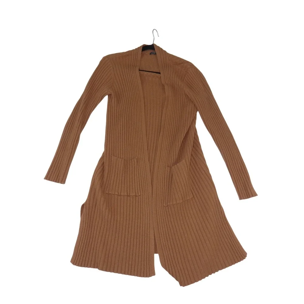 Cyrus Womens Ribbed Longline Open Front Cardigan Brown Pockets Size L 3880